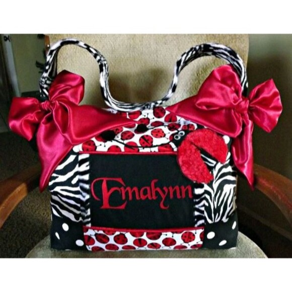 Handmade Personalizable Ladybug Diaper Bag 3 Pockets Red Bows Faux Fur polka Dot - Picture 2 of 7